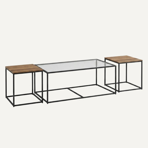 3-piece glass and wood nesting table set in black