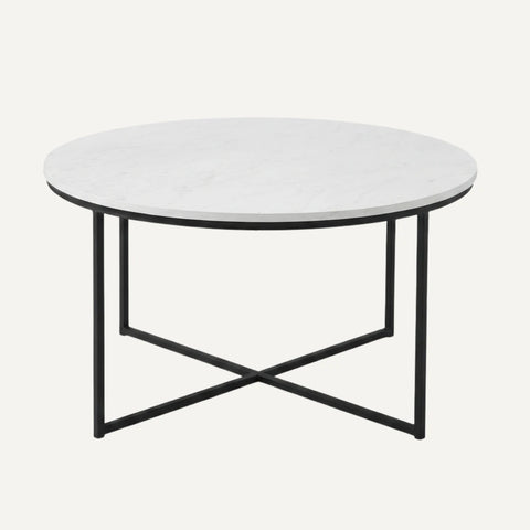 Alissa round coffee table with white marble-effect top and black X-base