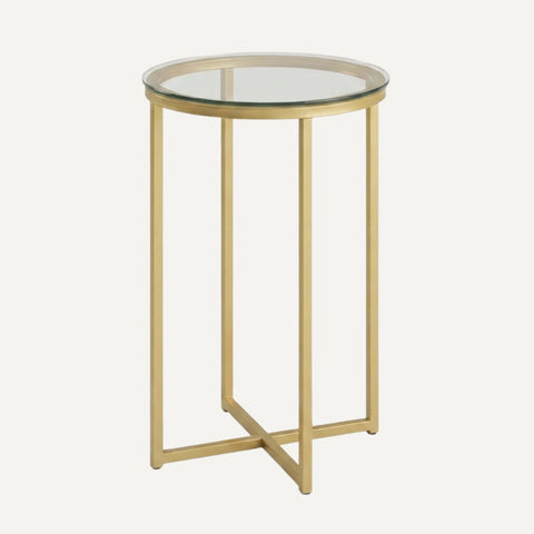 Alissa round glass side table with gold X-frame base