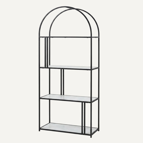 68 inch arched bookshelf with black metal frame and white shelves