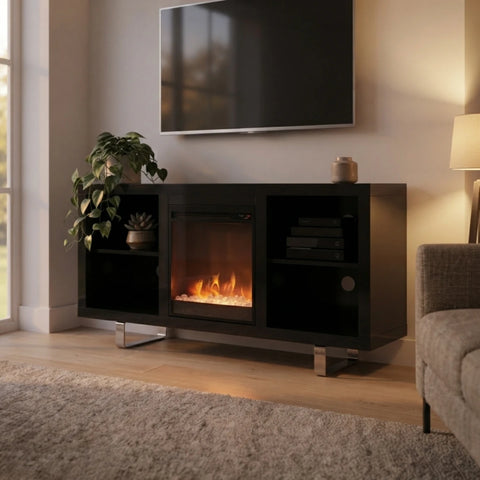 A modern black electric fireplace TV stand console with a glowing fire, styled in a living room setting under a wall-mounted TV.