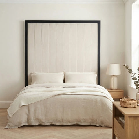 Channelled wall mounted headboard styled in a contemporary Irish bedroom - Interio