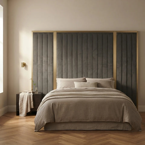 Channelled wall mounted headboard with wings styled in a contemporary Irish bedroom - Interio