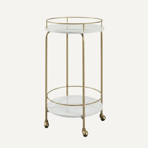White faux marble bar cart with gold frame drinks trolley