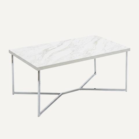 Luxe white faux marble coffee table with polished chrome Y-legs