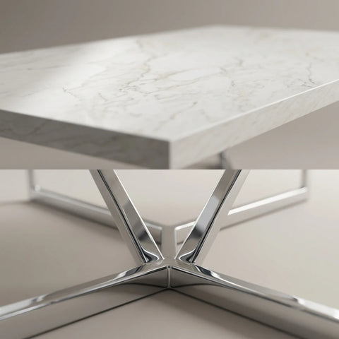 A close-up of a modern table with a white marble-patterned top and a polished chrome star-shaped metal base, shown against a neutral beige background.