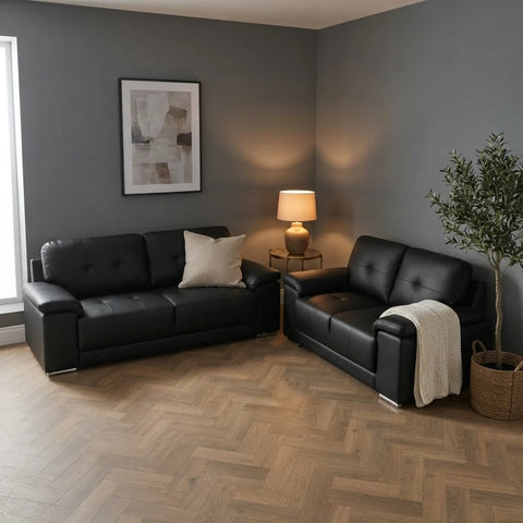 Kansas 3+2 seater sofa set styled together in a contemporary living room -- Interio
