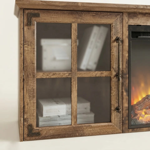Rustic wooden wall-mounted cabinet with four glass window panes and a dark metal handle, shown next to an electric fireplace insert with a glowing fire.