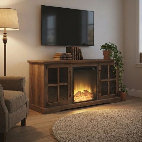 A rustic wooden media console with an integrated electric fireplace, styled in a cozy living room setting with a TV, lamp, armchair, and potted plant.