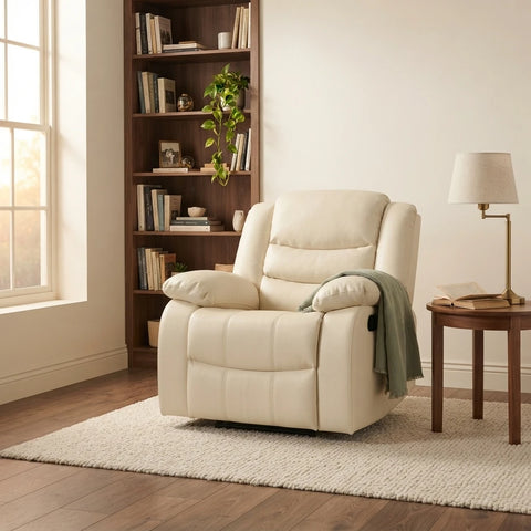 Cream faux leather recliner armchair styled in a living room reading corner -- Interio