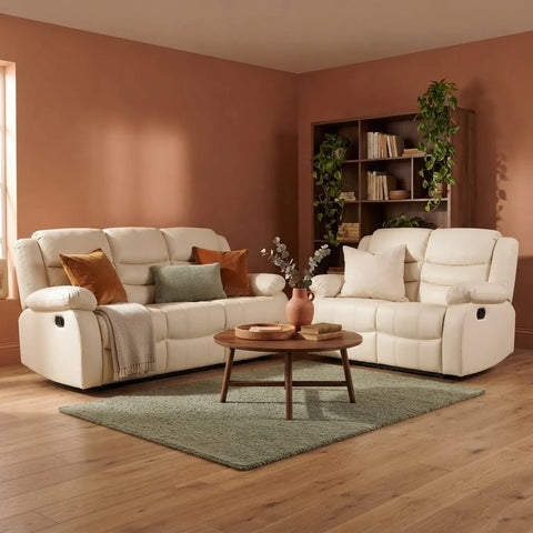 Sorrento 3+2 seater recliner sofa set styled together in a warm living room -- Interio