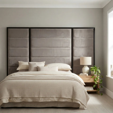 Tiled wall mounted headboard with wings styled in a contemporary Irish bedroom - Interio