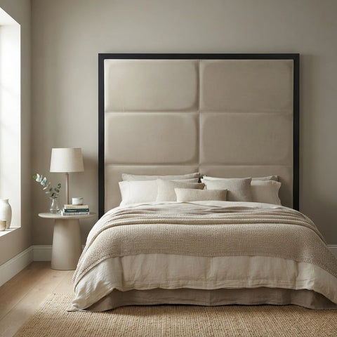 Velvet wall mounted headboard with custom fitting height styled in a contemporary Irish bedroom - Interio