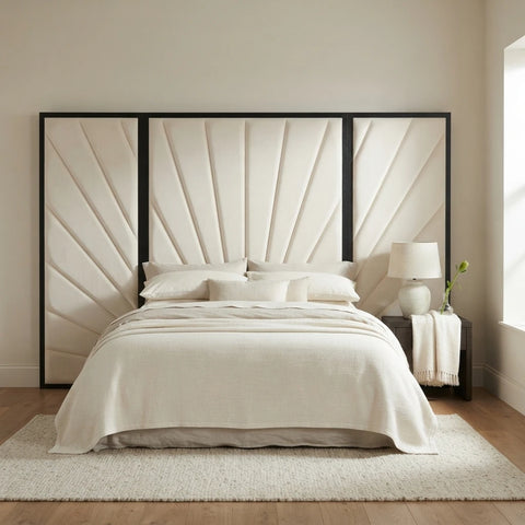 Wall mounted headboard with wings and a solid mango wood frame styled in a contemporary Irish bedroom - Interio