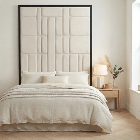 Wall mounted headboard with a wooden frame styled in a contemporary Irish bedroom - Interio