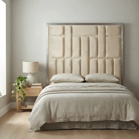 Wall mounted velvet headboard with a tiled finish styled in a contemporary Irish bedroom - Interio