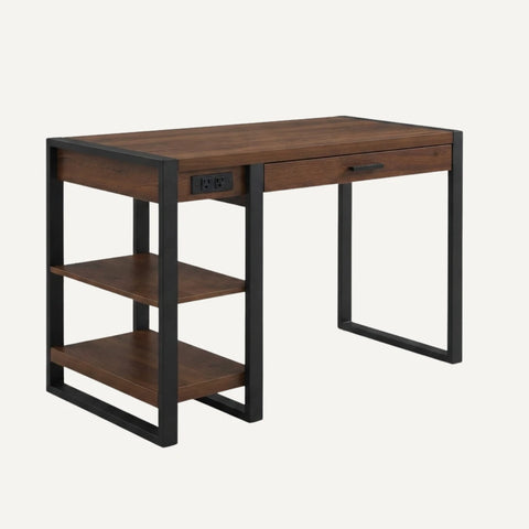 Charcoal wooden computer desk with USB charging, drawer and side shelves