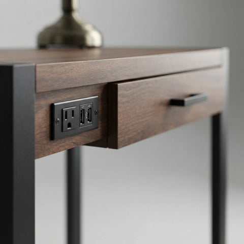 Close-up of a modern wooden desk with a dark brown wood grain finish, featuring a black metal drawer handle and a matching black electrical outlet panel with USB-A and USB-C ports. The desk has a black metal frame and is shown against a neutral gray background.